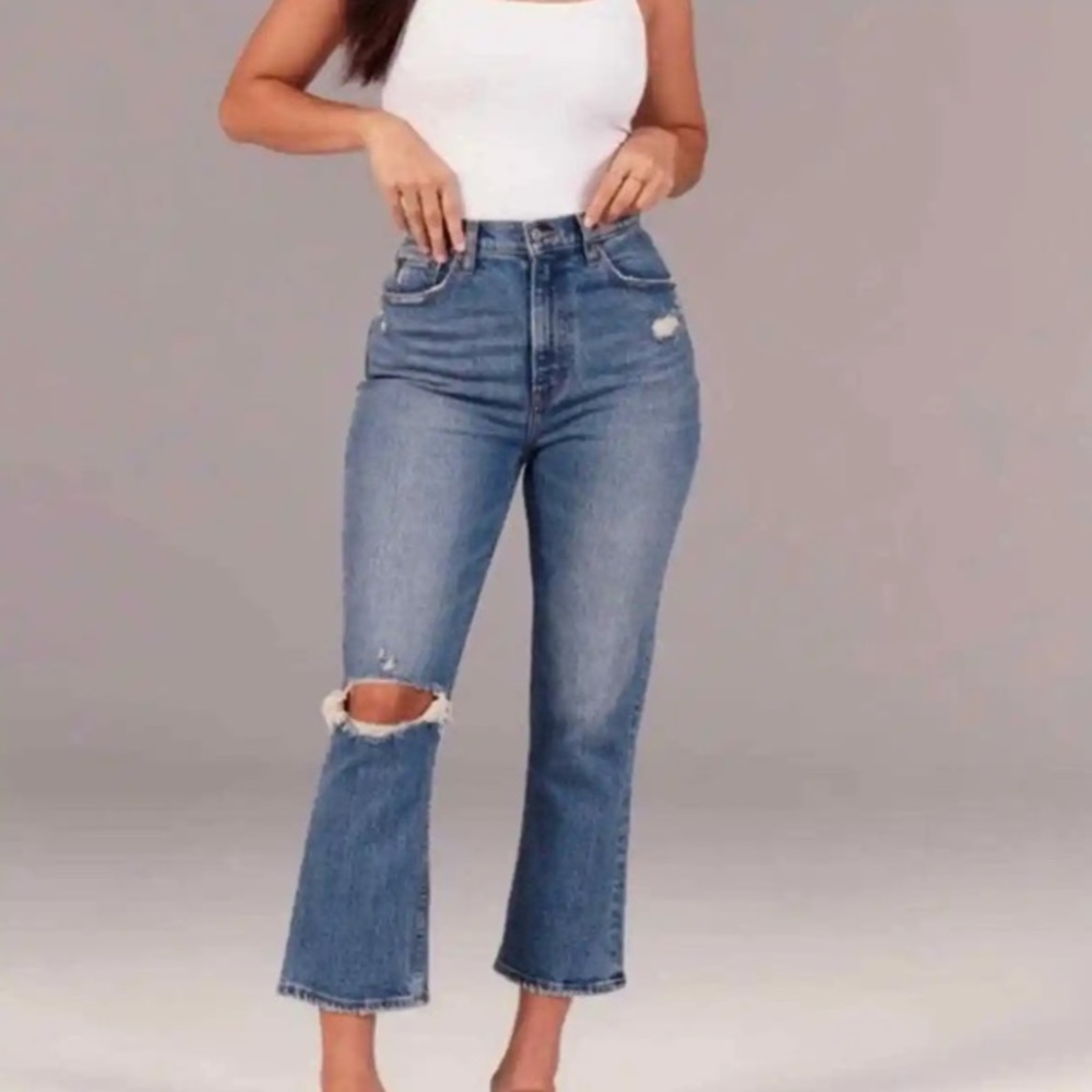 Abercrombie & Fitch Blue Distressed High-Rise Flare Jeans